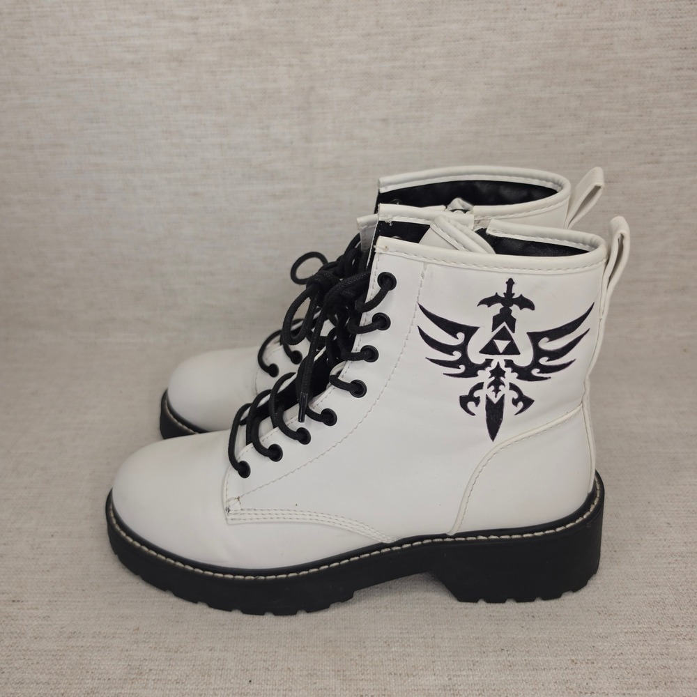 Video game inspired Crest White Combat Boots Side Zip Lug Sole Women Shoes